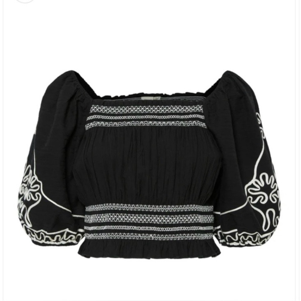 YAS Black Embroidered Puff-Sleeve Whimsical Boho Crop Top